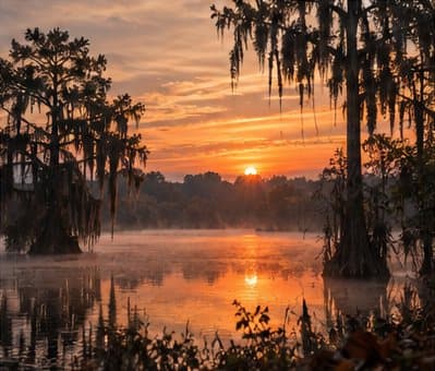 Sunrise over a cypress swamp draped in Spanish moss in south Alabama