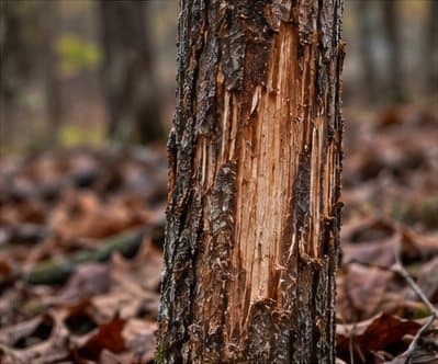 A fresh whitetail rub with bark stripped from a young tree
