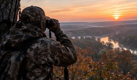 A hunter in camouflage glassing a river valley from a ridge at sunrise