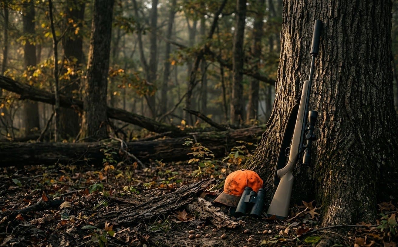 A scoped bolt-action hunting rifle with a suppressor leaning against an oak, next to a blaze-orange cap and binoculars in misty fall woods
