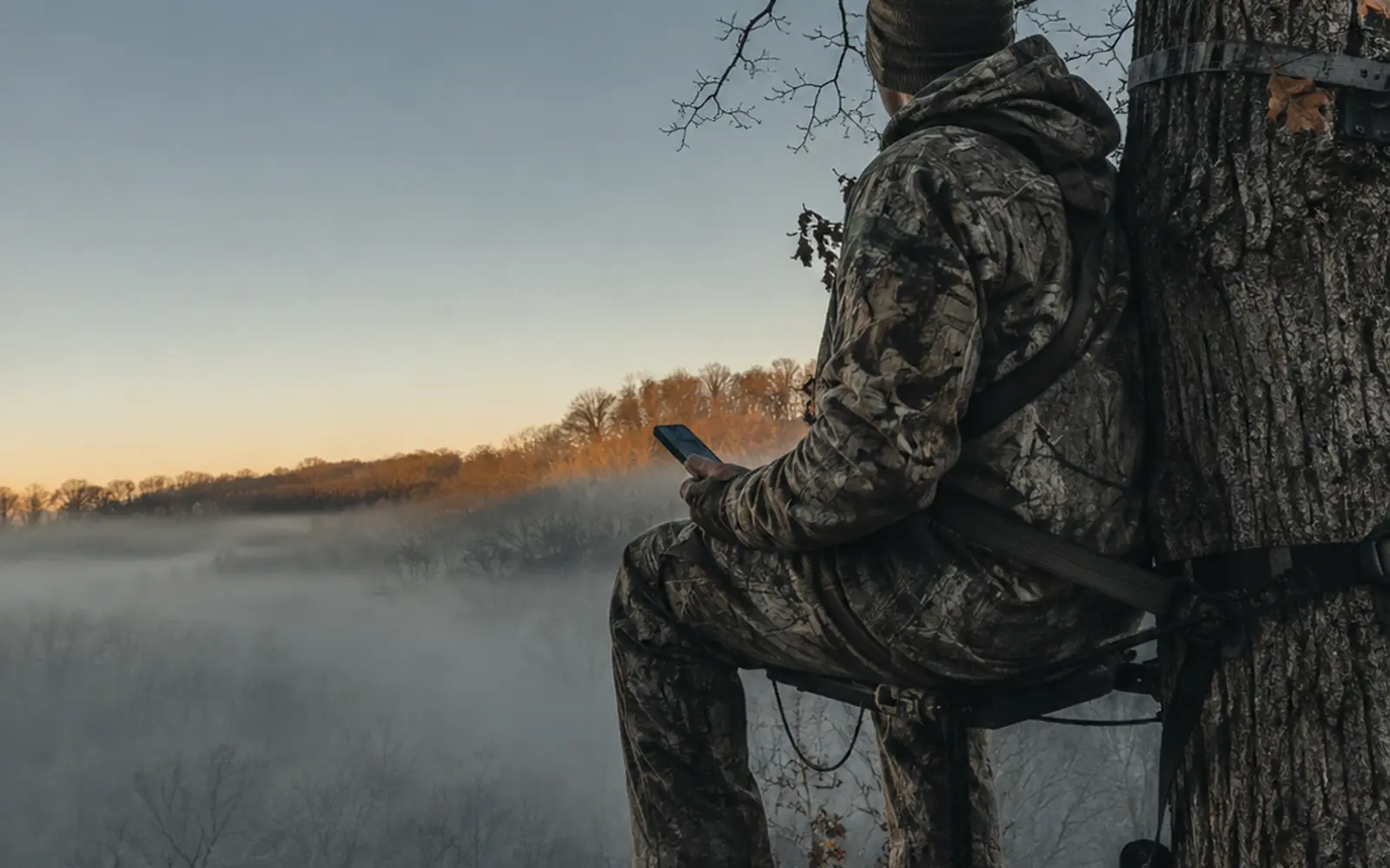 A hunter in a tree stand checking a phone above a foggy valley at first light