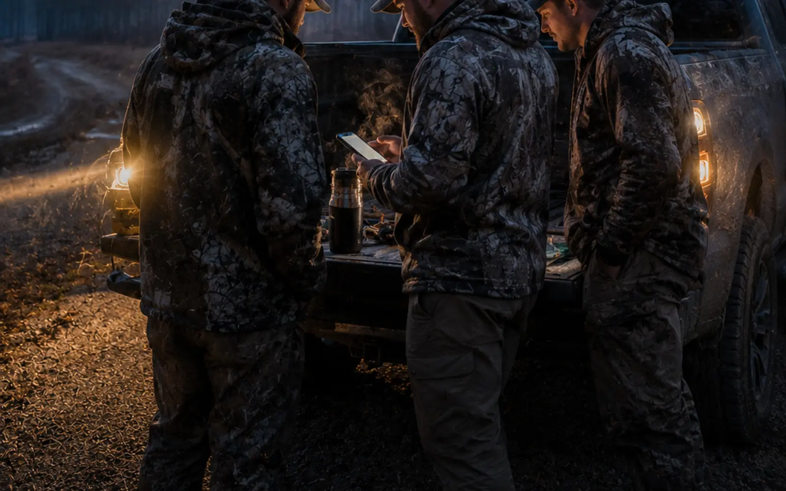 Hunting buddies making a morning plan around a pickup tailgate